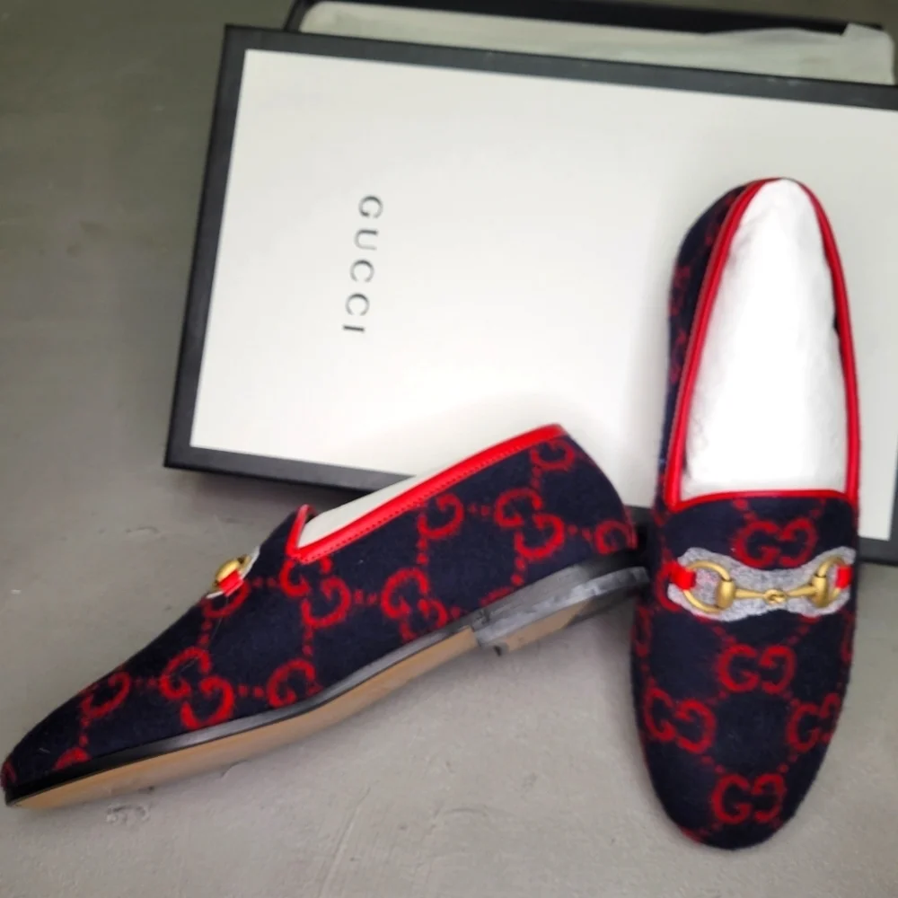 [BNIB] Gucci New Jordaan Wool GG Logo Horsebit Loafer Women 36